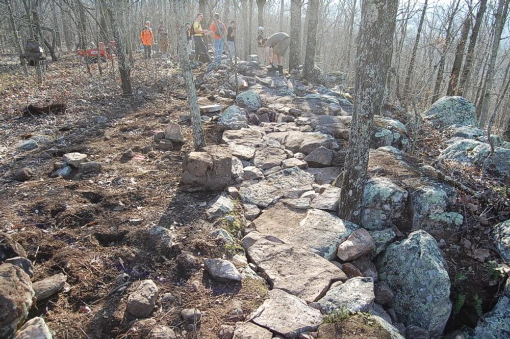 Armored mountain bike trail section being built by IMBA and local volunteers on the Forever Wild Coldwater Mountain Trail System in Alabama