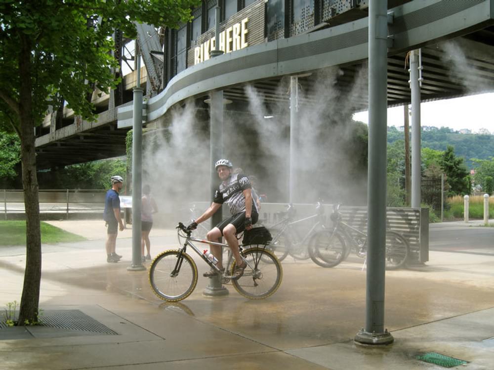 Misting fountain at the Bike Station near downtown Pittsburgh on the Three Rivers Heritage Trail
