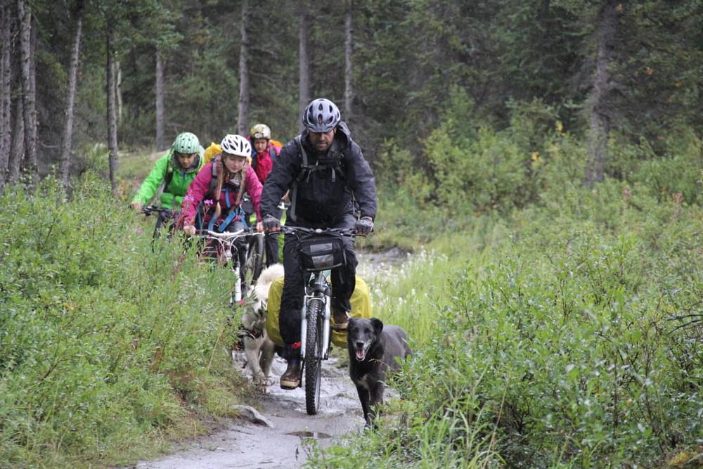 Mountain biking on a rainy day on the Resurrection Pass Trail in the Chugach National Forest, Alaska