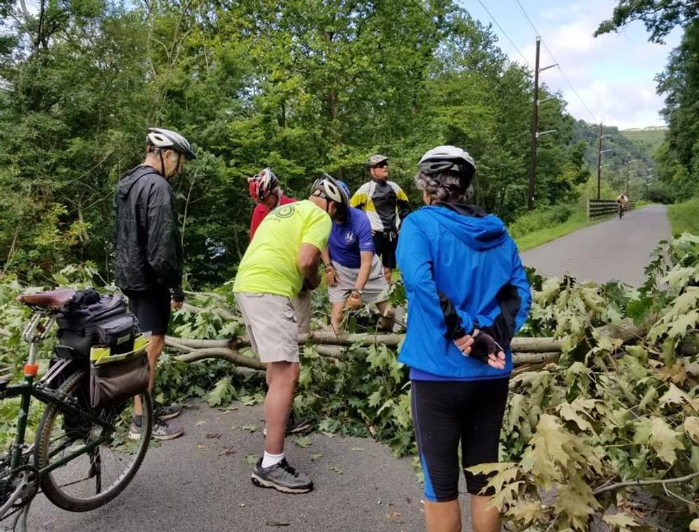 An ad-hoc volunteer work party of passing cyclists cuts up and removes a tree that had fallen, blocking the trail north of Morgantown, West Virginia