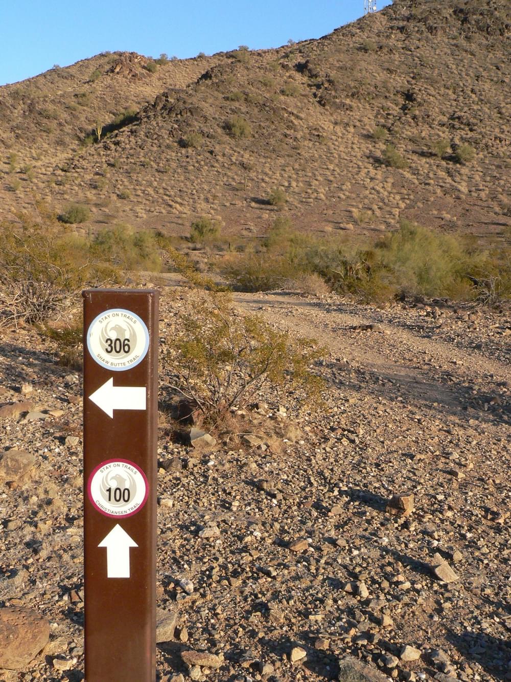Standard trail identification and numbering markers applied to fiberglass post; Phoenix Mountain Parks, Arizona