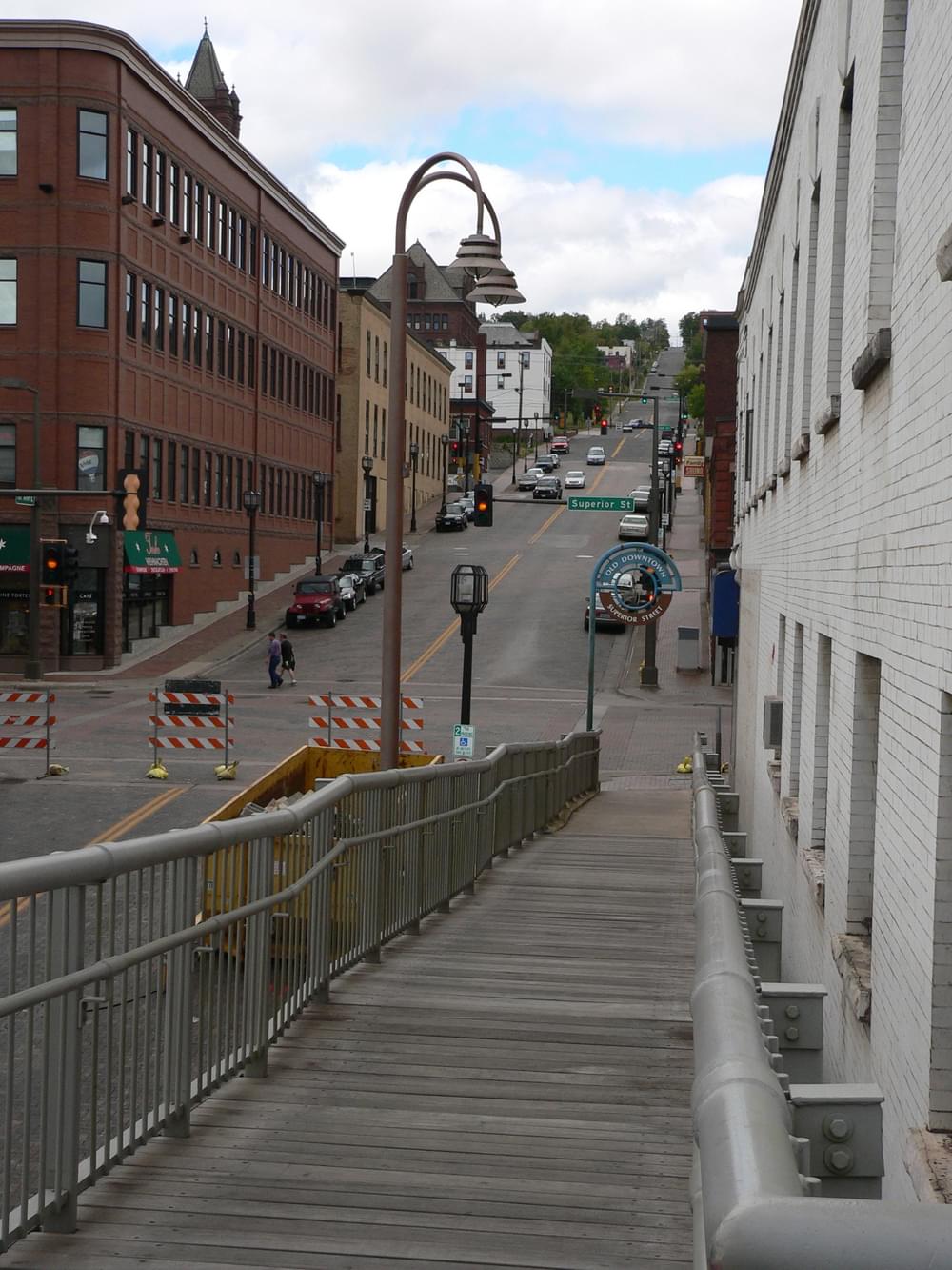 Ramp from city street leads to trail system along Downtown Lakewalk; Duluth, Minnesota