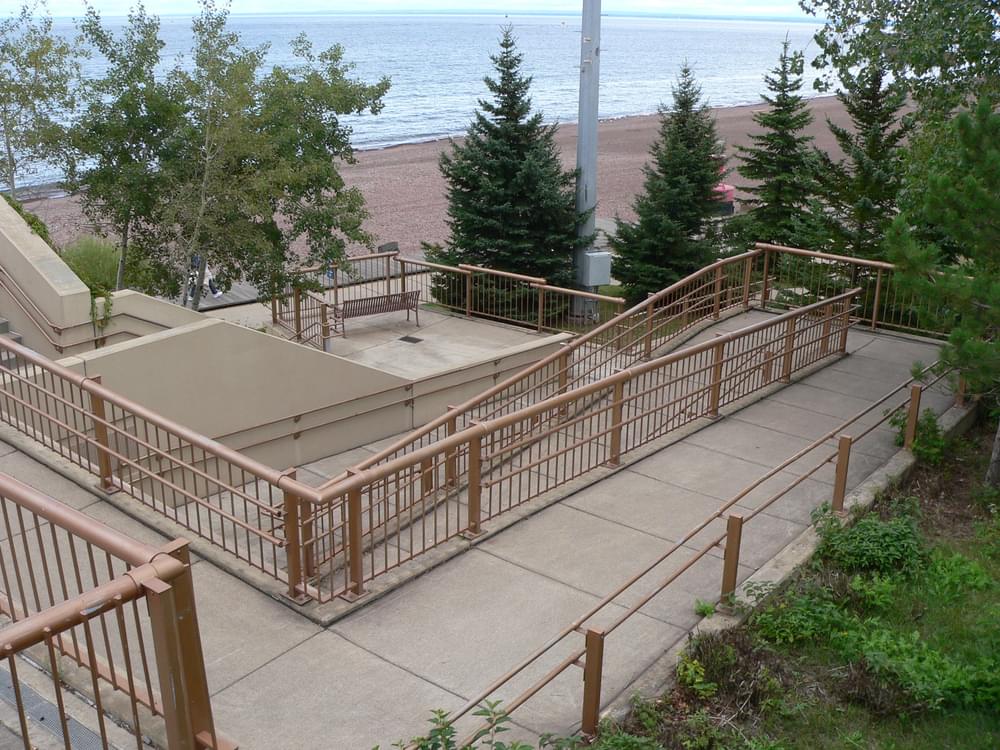 Ramps provide access from downtown businesses down to Duluth, Minnesota Lakewalk along Lake Superior