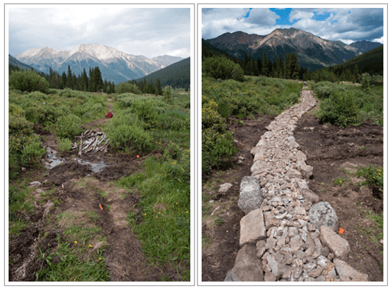 Before and after: making repairs and cleaning up the popular continental divide trail near clear creek reservoir for safer access was a priority.