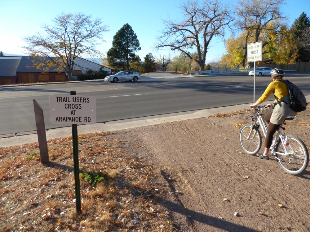 No safe crossing here. Sign directs users to nearby intersection on the Highline Canal Trail, South Suburban Park District, Colorado