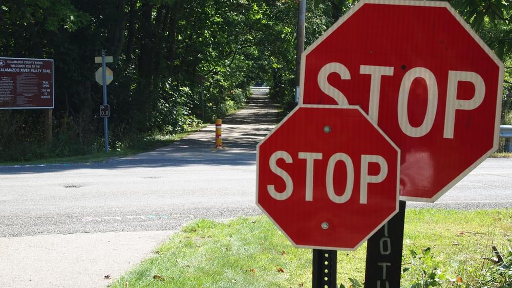 Why not put up two stop signs if you have an extra? Kalamazoo River Valley Trail, Kalamazoo, Michigan