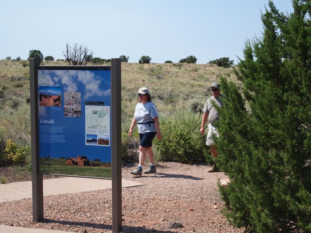 Classic vertical display board on the Lomaki Trail which accesses Pueblo ruins sites; Wupatki National Monument in northeast Arizona