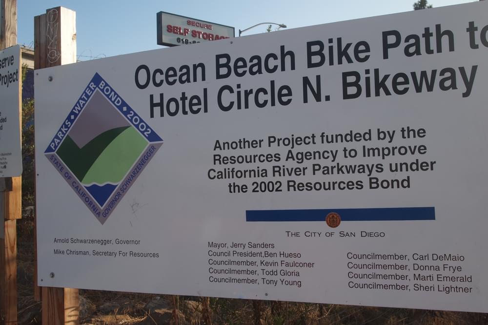 A statewide bond issue credited on a large highway transportation style signboard, San Diego River Trail