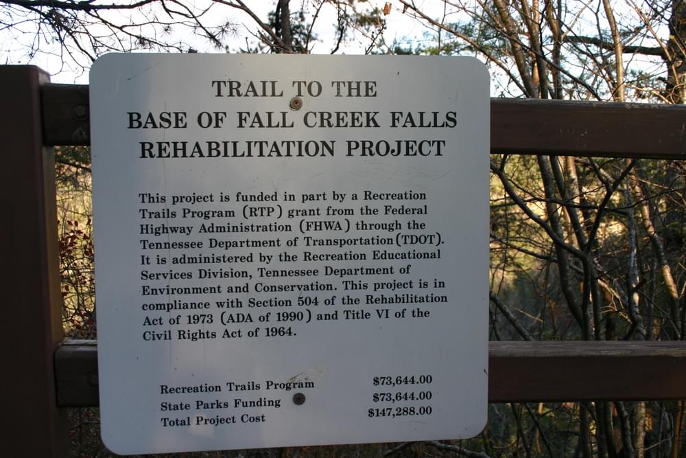 Detailed accounting of funds received on this trail project at Falls Creek Falls State Park, Tennessee