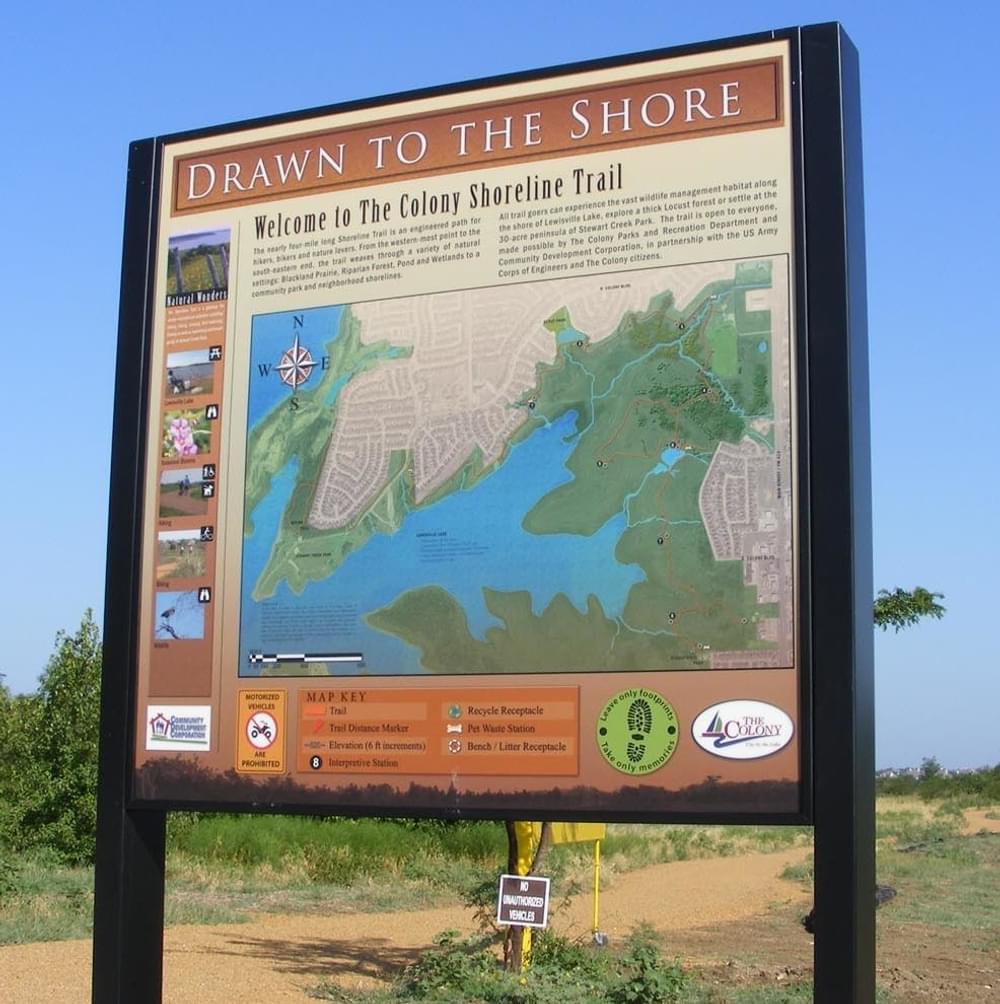 Environmental education trailhead sign focuses on the topic of nature and community balance on the Shoreline Trail; the Colony, Texas