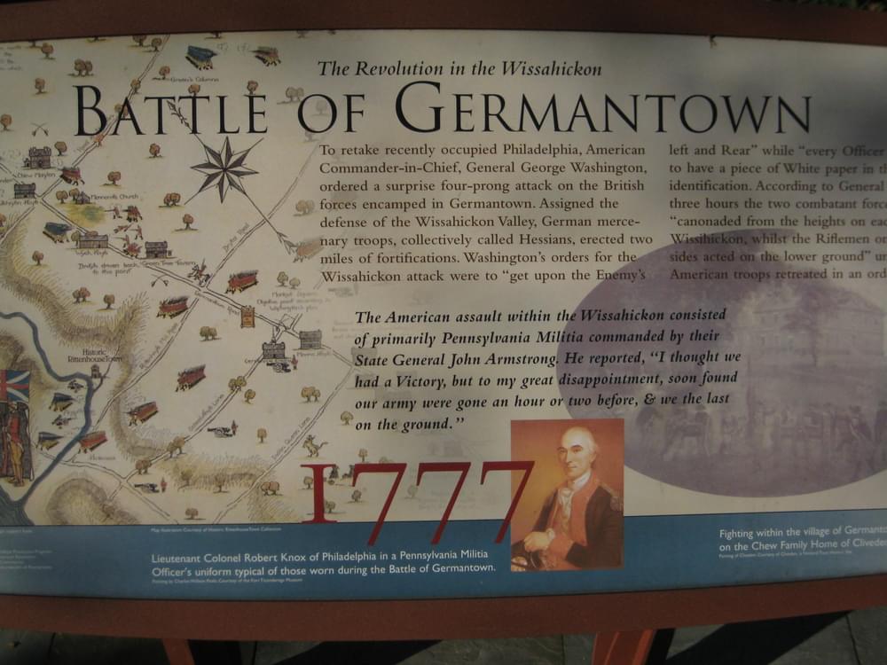 Sign teaching about the historic Battle Germantown along the Wissahickon Valley Trail; Philadelphia, Pennsylvania