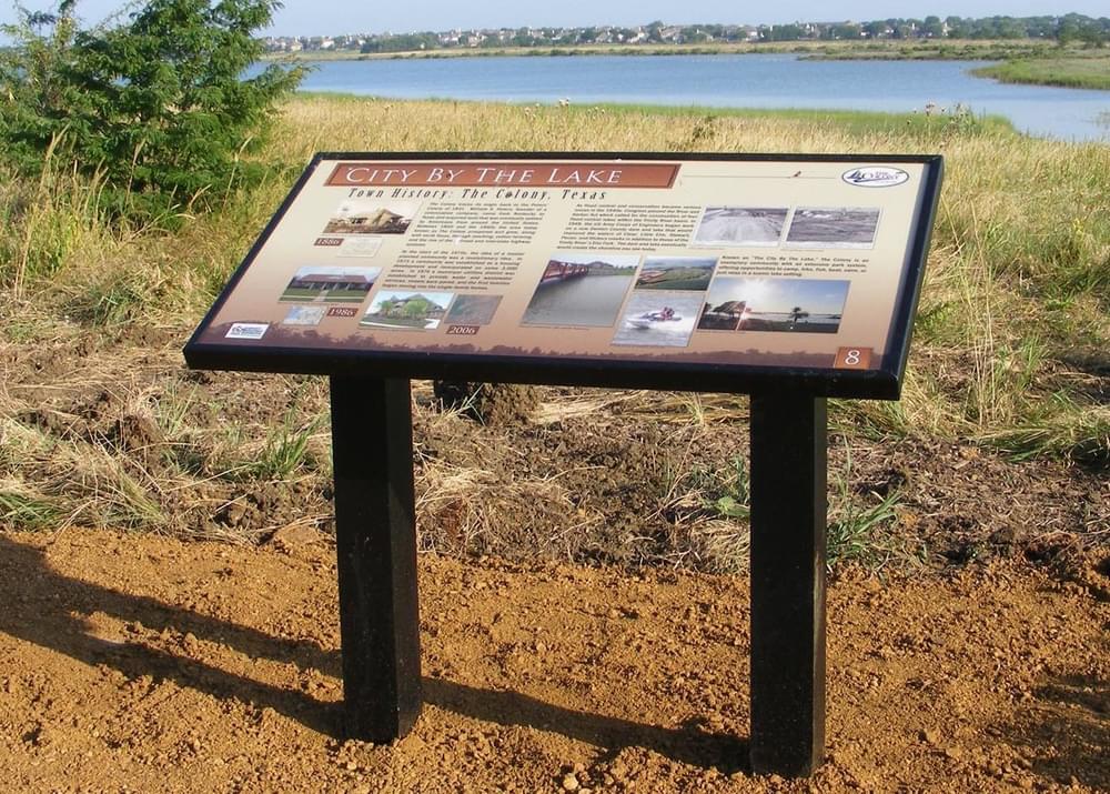 Town history educational sign on the Shoreline Trail; the Colony, Texas