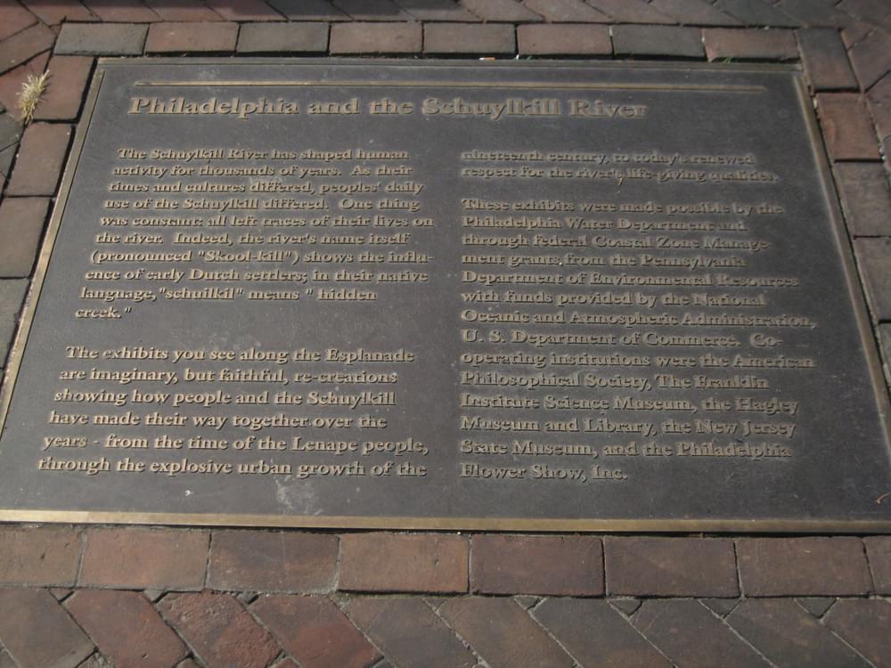 Plaque set into brick pavers along the Schuykill River Greenway; Philadelphia, Pennsylvania