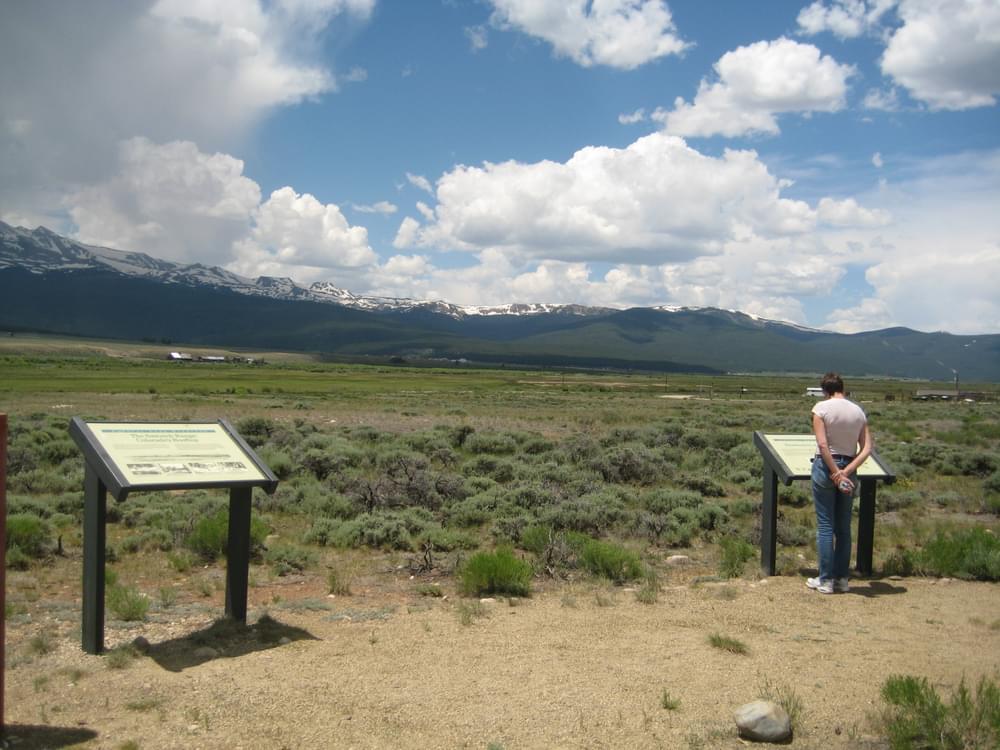 Interpretive signs on a short trail overlooking the Sawatch Mountain Range; Leadville, Colorado