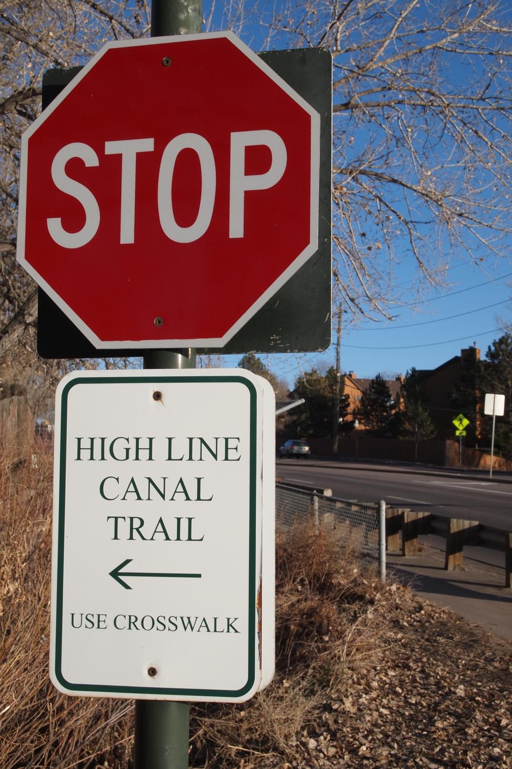 Trail users are cautioned to continue along Iliff Blvd. to cross the Highline Canal Trail; Denver, Colorado