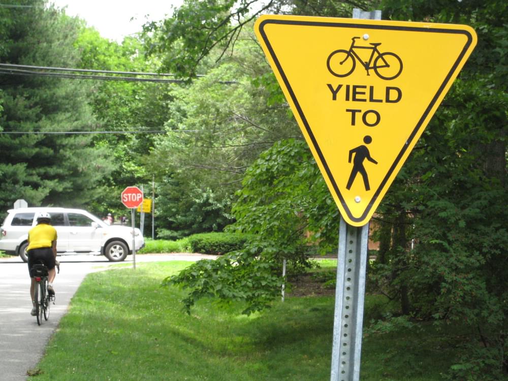 No horses, so the yield sign simply says bikes yield to pedestrians; Crescent Trail, Bethesda, Maryland