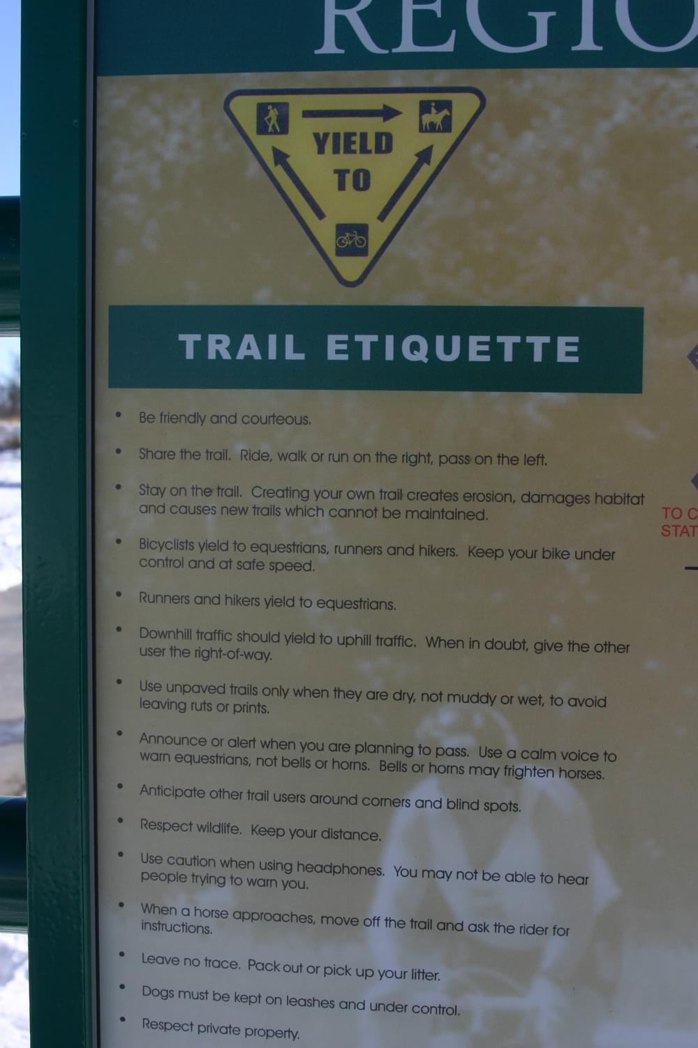 Sign lists rights and responsibilities of different trail users on Cherry Creek Trail; Parker, Colorado