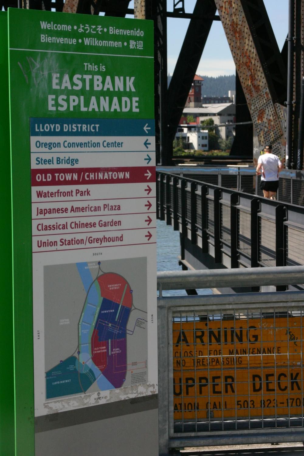 Elaborate trail sign with map and directions to points of interest; Willamette River Greenway, Portland, Oregon