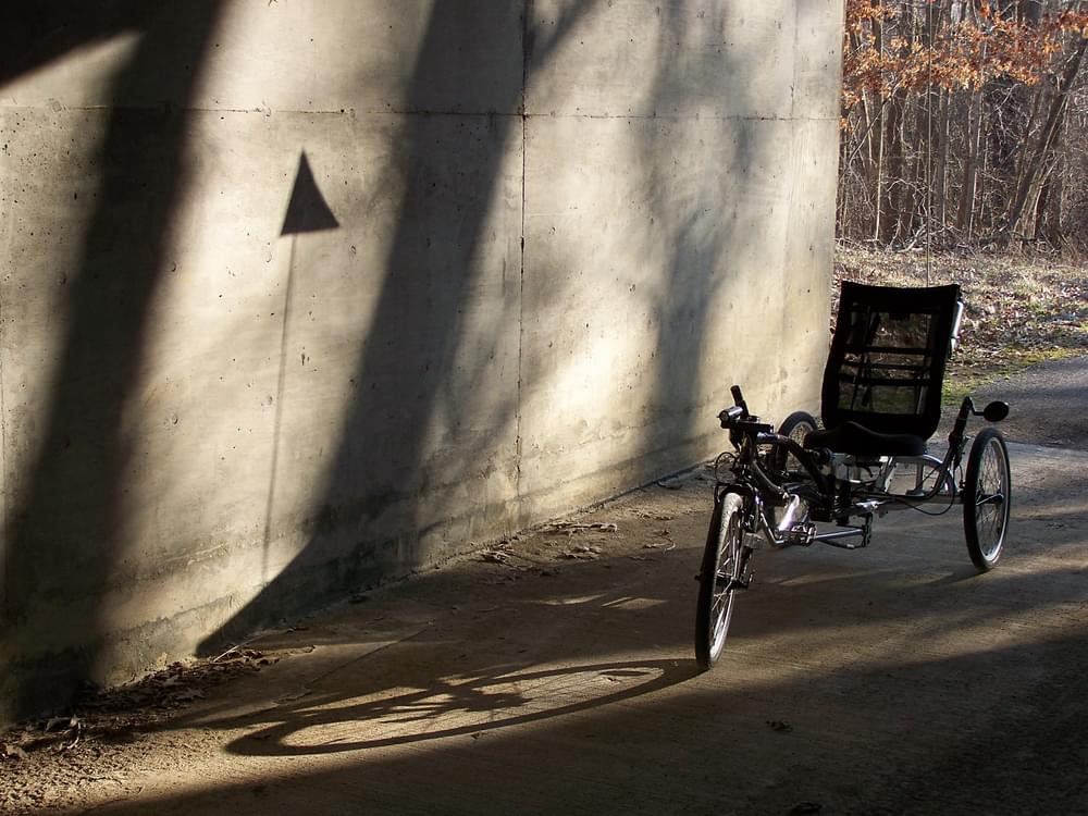Recumbent bike shadow on the Tunnel Hill State Trail in Illinois