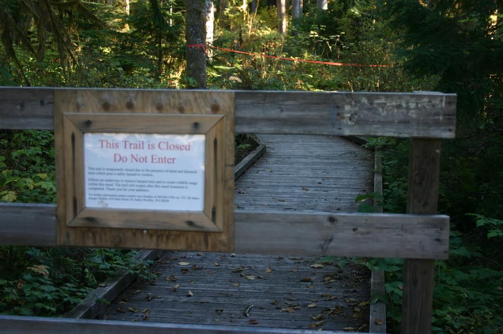 Trail of the Sentinels, an accessible boardwalk on Forest Service land in Washington state, is closed with lumber barricade