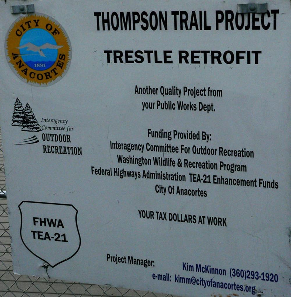 Sign for Thompson Trail Project, a railtrail in Anacortes, Washington