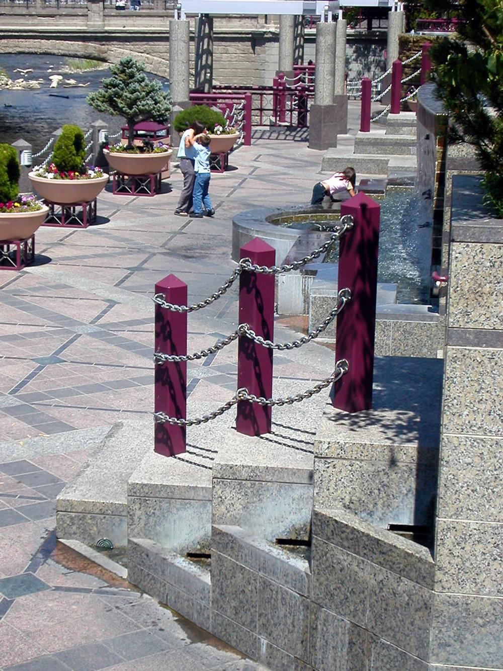 Highly structured trail and urban park featues along the embankment of the Truckee River in downtown Reno, Nevada 