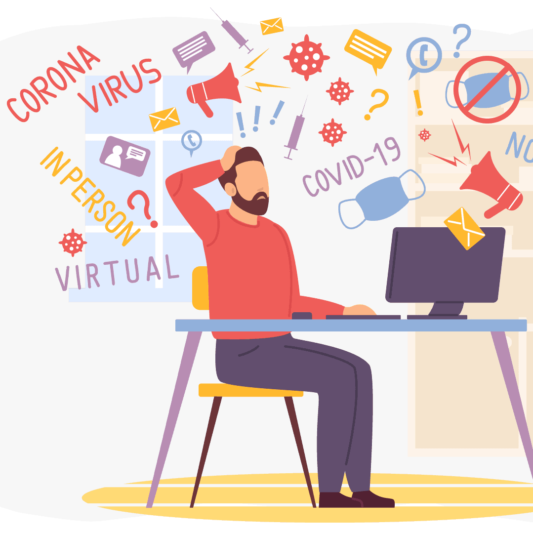 Illustration of a man with a computer overwhelmed by a word bubble above his head that has different words and symbols related to the covid-19 pandemic