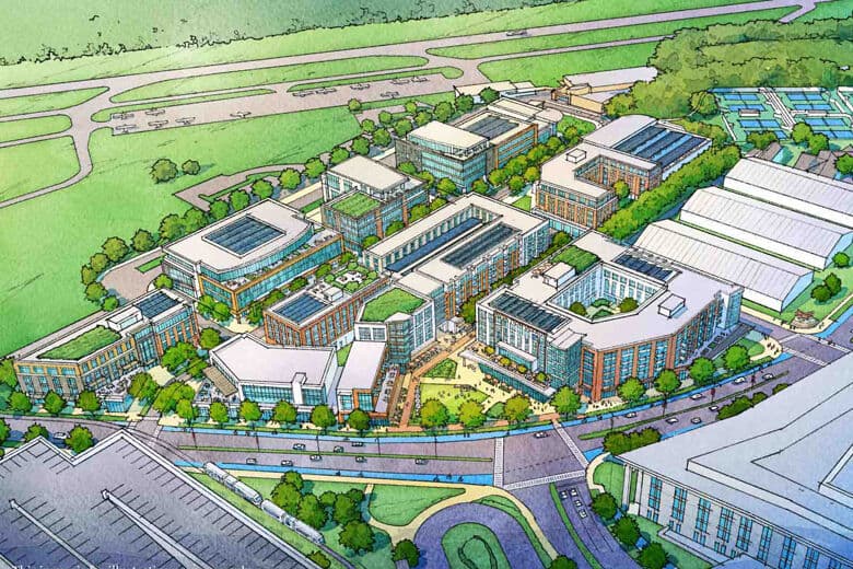Rendering of development project called Aviation Landing near the College Park Metro Station.