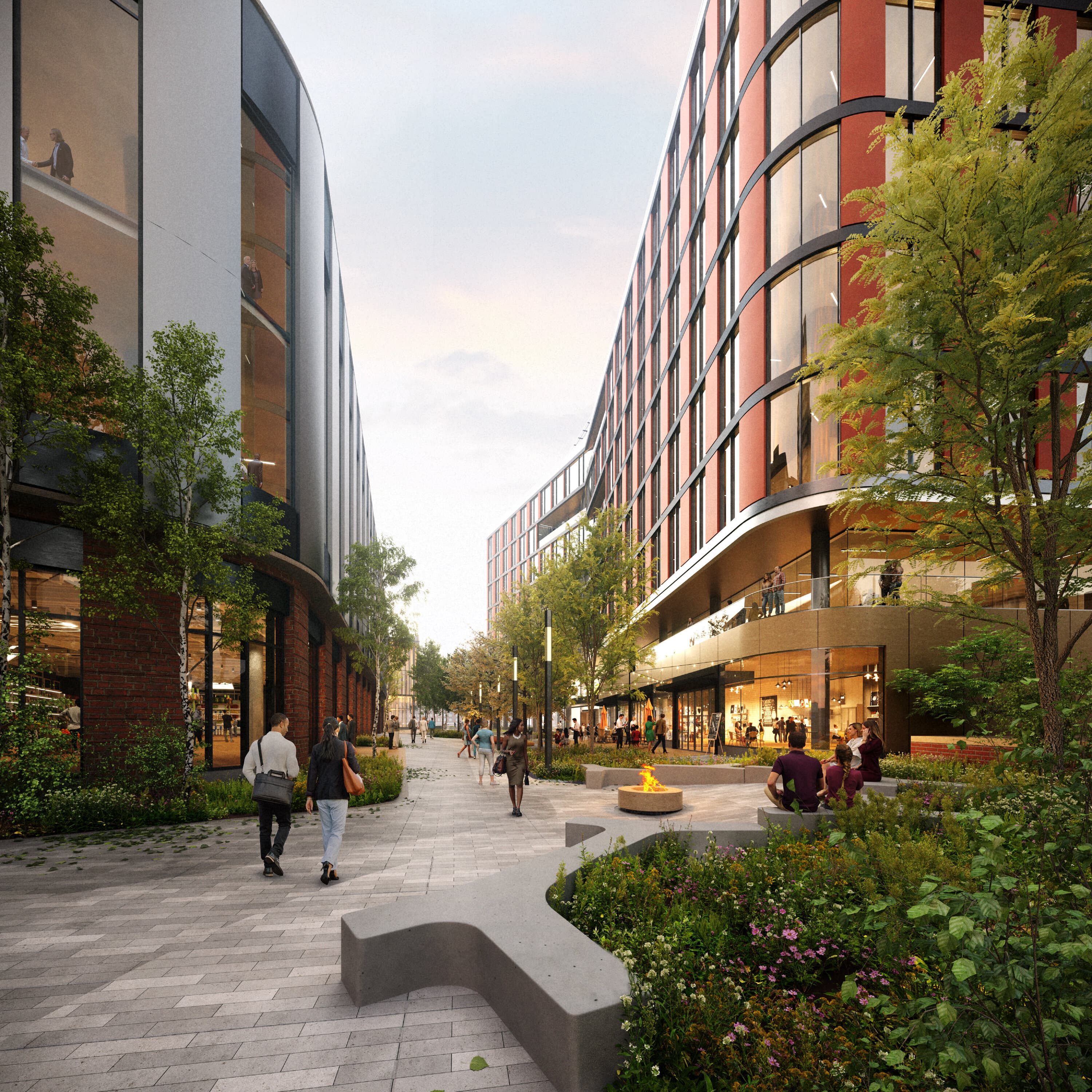 Discovery Point Activated, A communal green space in Discovery point flanked by bright modern buildings. pedestrians freely walk and mingle around open seating areas