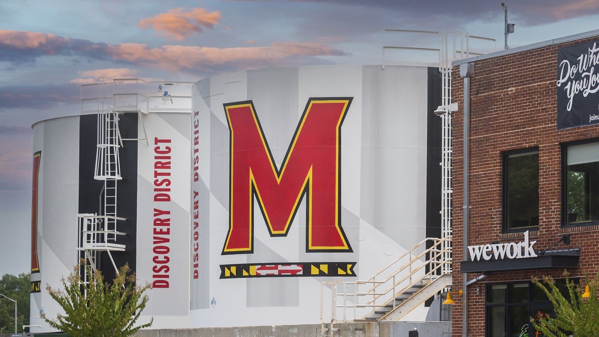 Water tanks painted with the University of Maryland 'M' in the Discovery District, College Park, MD