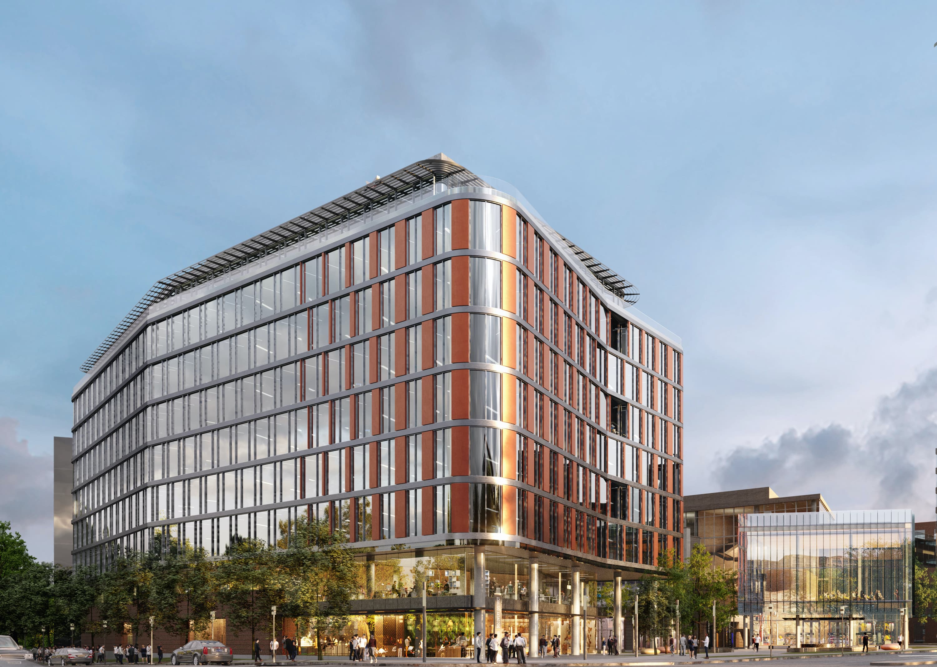 Rendering of a building at Discovery point with floors of bright and wide windows overlooking green spaces