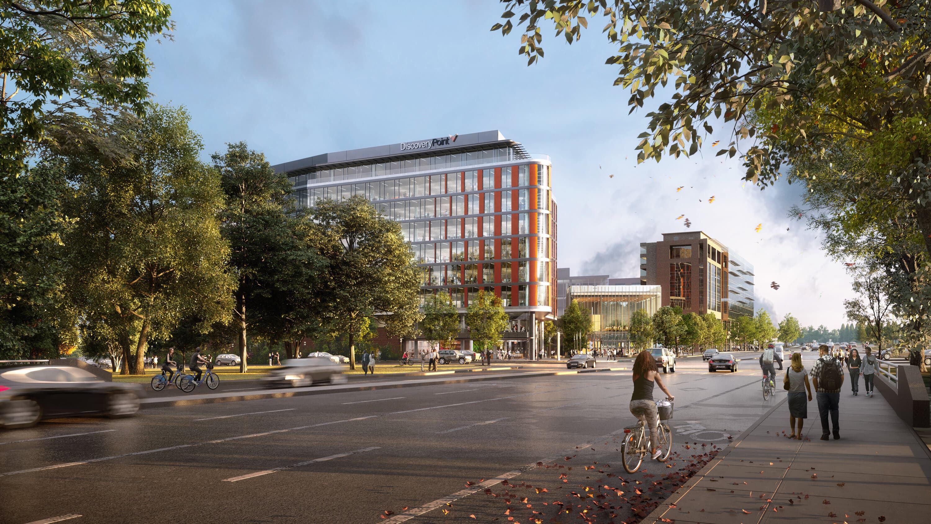 Discovery Point on Baltimore Avenue, as pedestrians bicyclists, and cars safely commute through the space