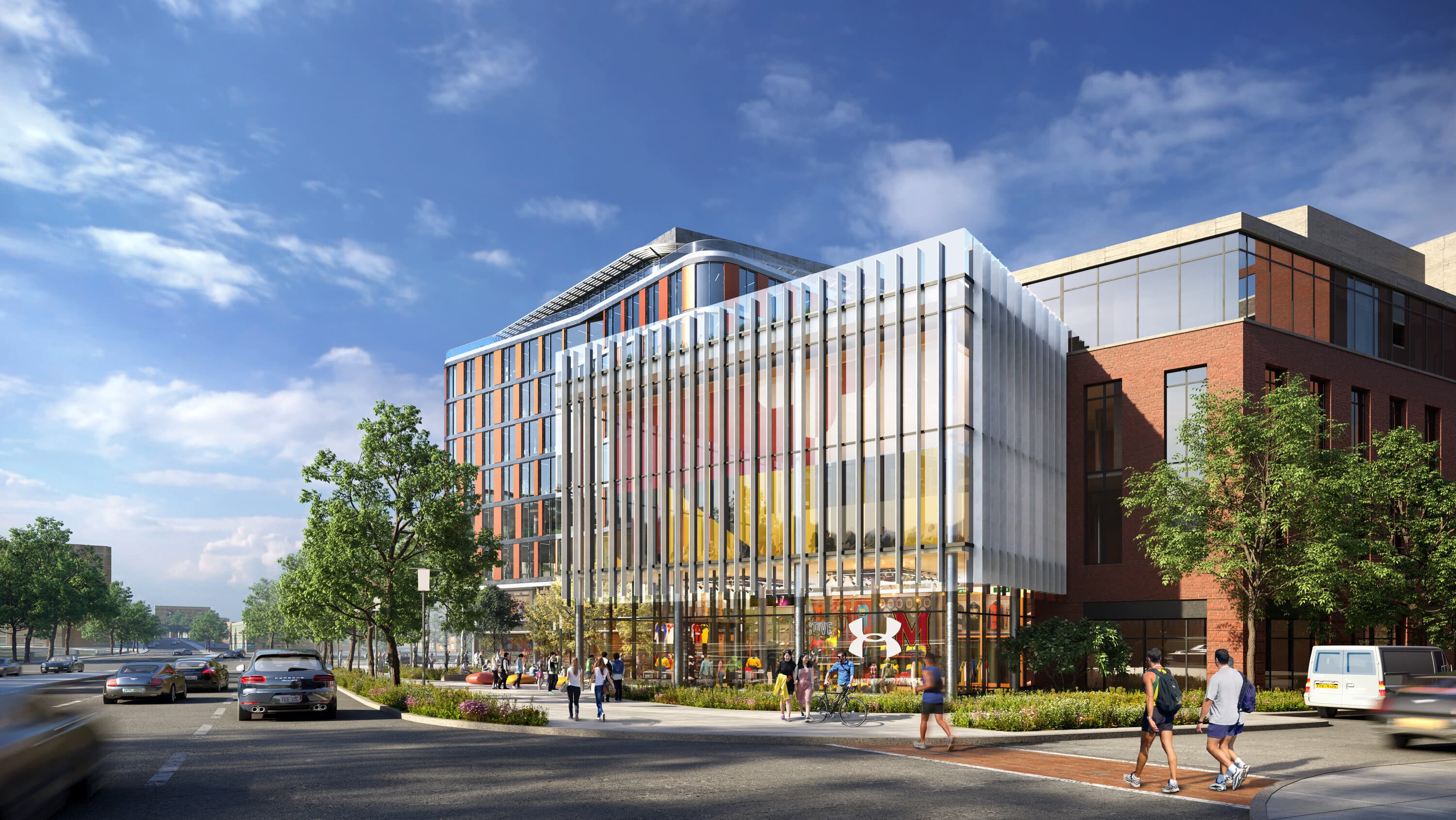 Discovery Point Facade with floor level retail spaces, and wide pedestrian areas
