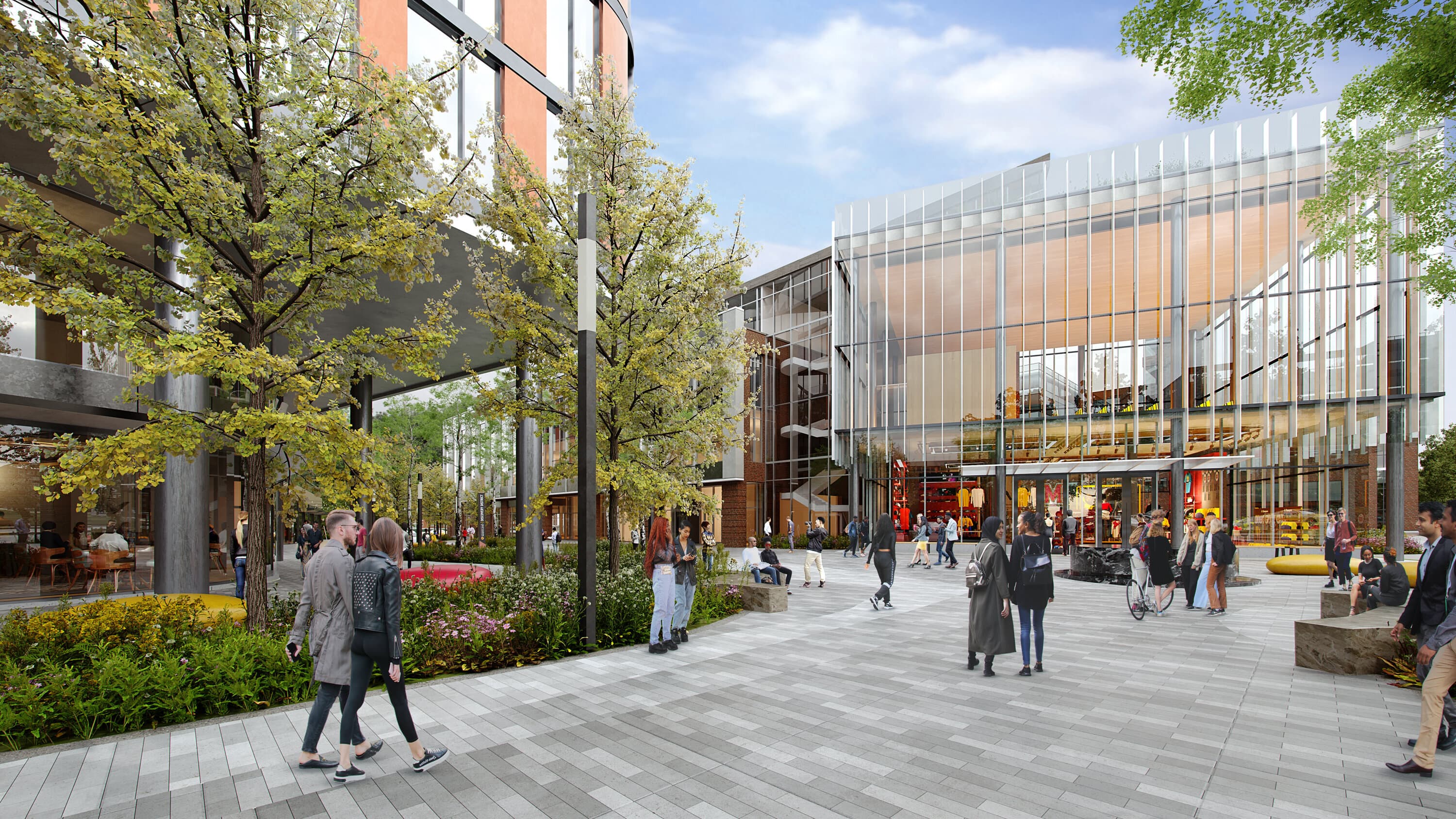 Discovery Point Activated, A communal green space in Discovery point flanked by bright modern buildings. pedestrians freely walk and mingle around open seating areas