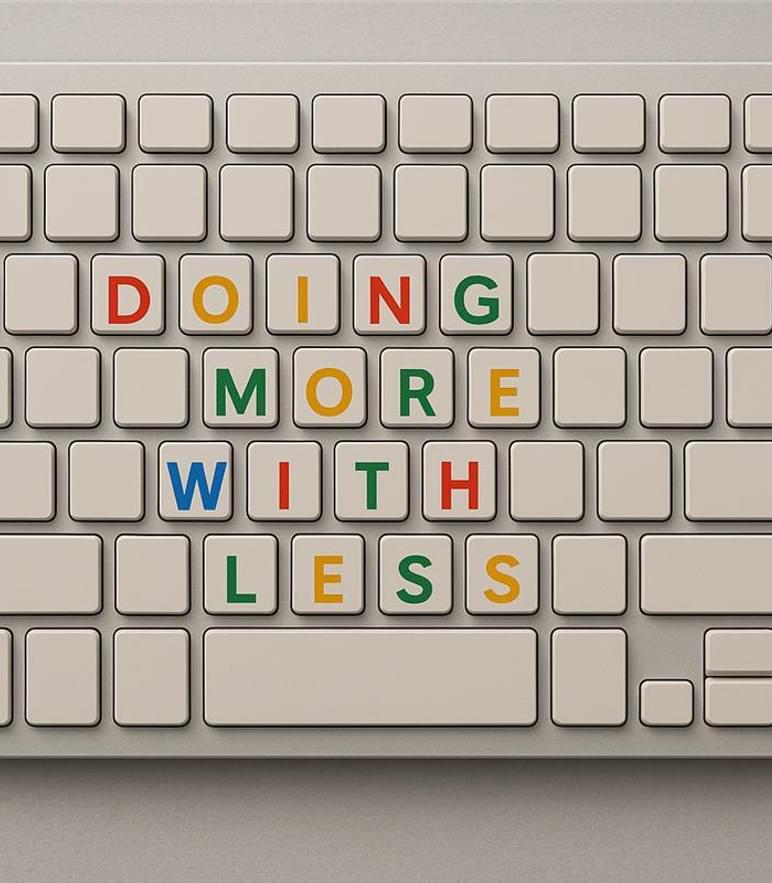 A full computer keyboard viewed from the top Only the keys that spell out the phrase Doing More wi