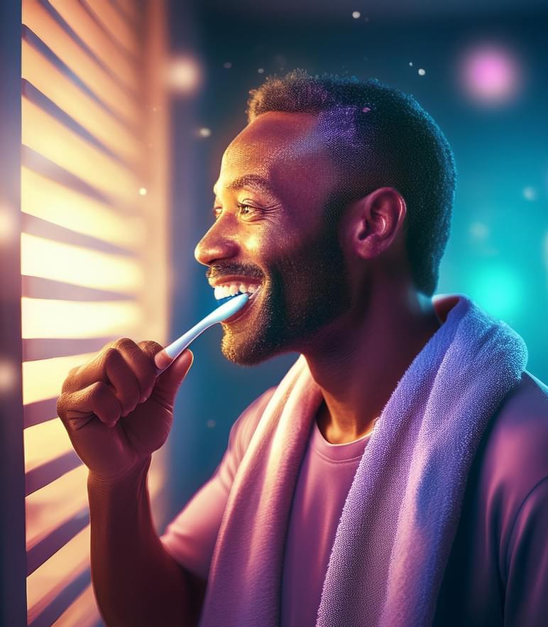 Firefly a 45 year old American male getting ready for bed brushing his teeth in the evening in th