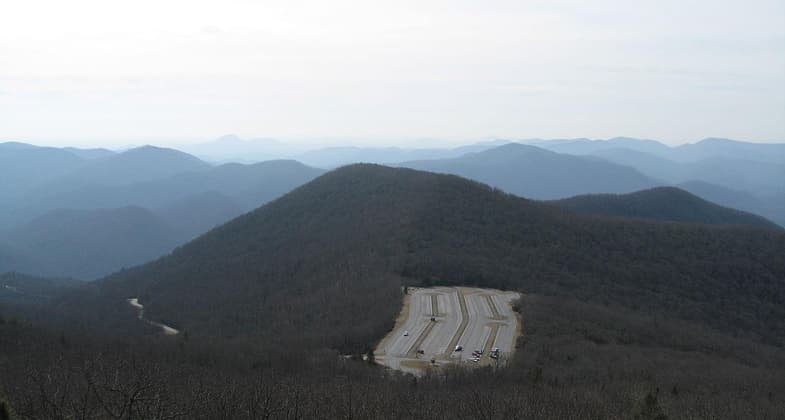 View of Brasstown Bald parking lot from summit. Photo by wiki.