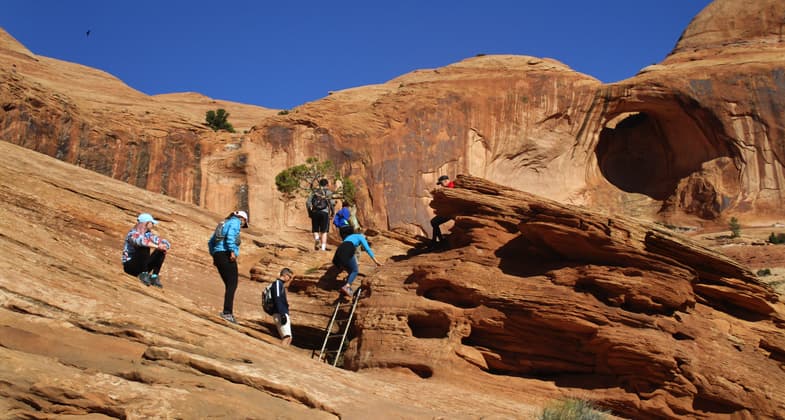 There are cables to hold onto and a ladder to climb on the steep part of the slickrock trail. Photo by Valerie A. Russo.