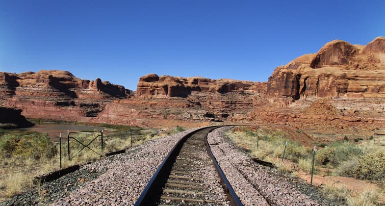 Fast photo while crossing railroad tracks on Corona Arch Trail. Photo by Valerie A. Russo.