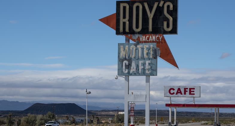 Photo by Kyle Sullivan. The nearby community of Amboy offers limited services, but has gas, some food and water, and restrooms, along with vistas of Amboy Crater.