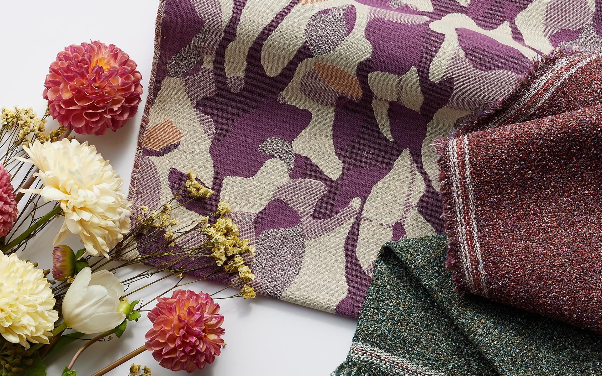 3 swatches of commercial textiles with flowers