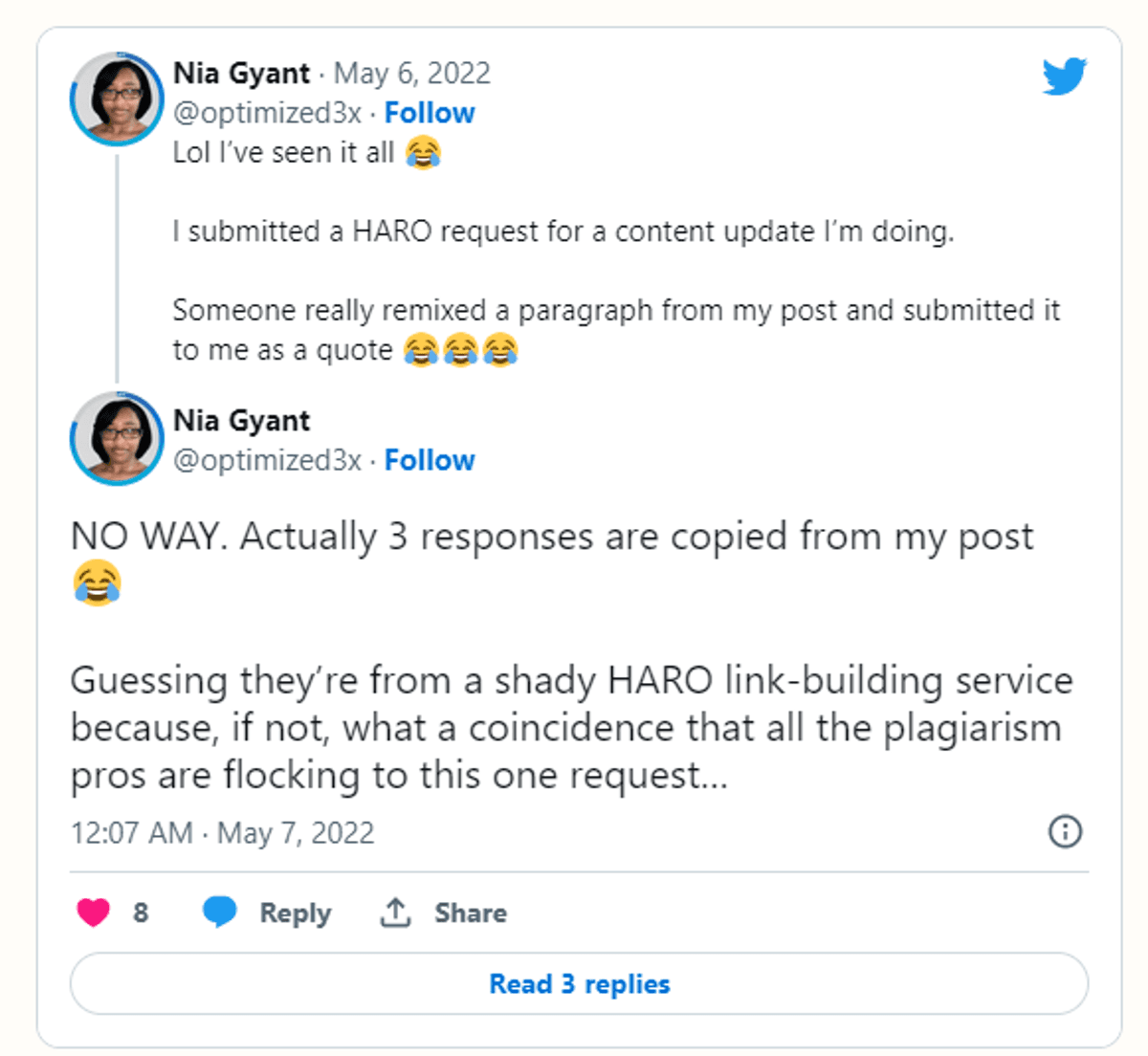 HARO publisher tweet screenshot