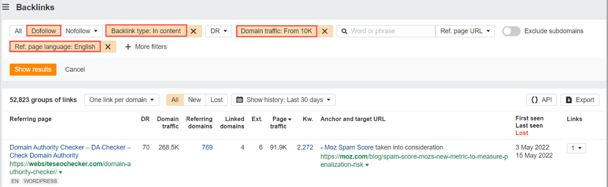 detailed backlink filter