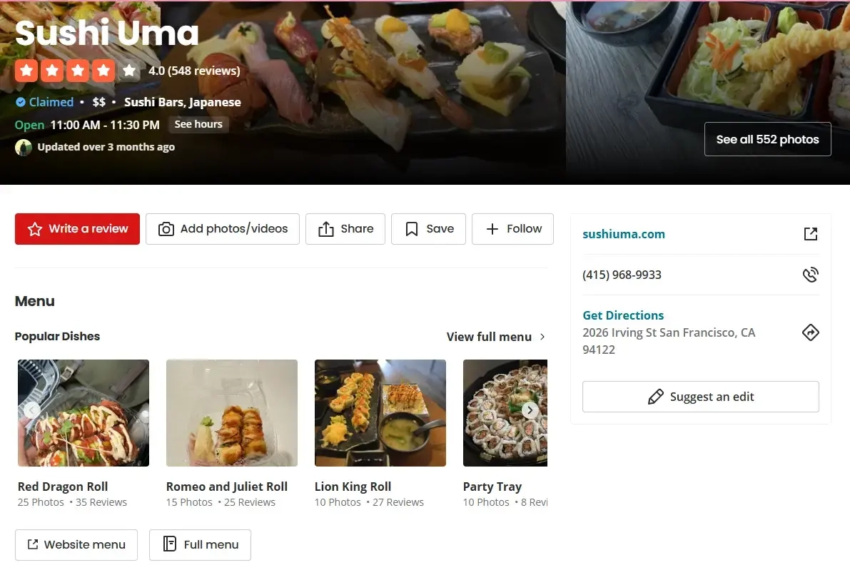 example of listing on Yelp