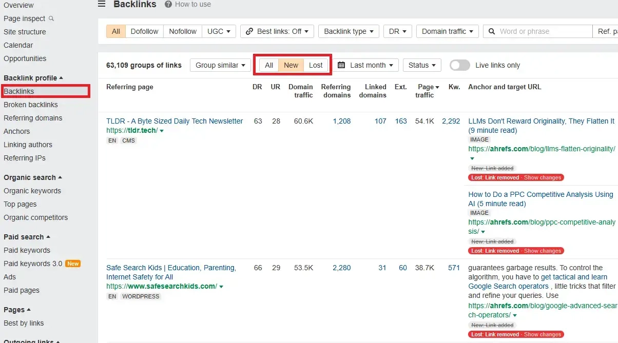 Ahref's backlink dashboard