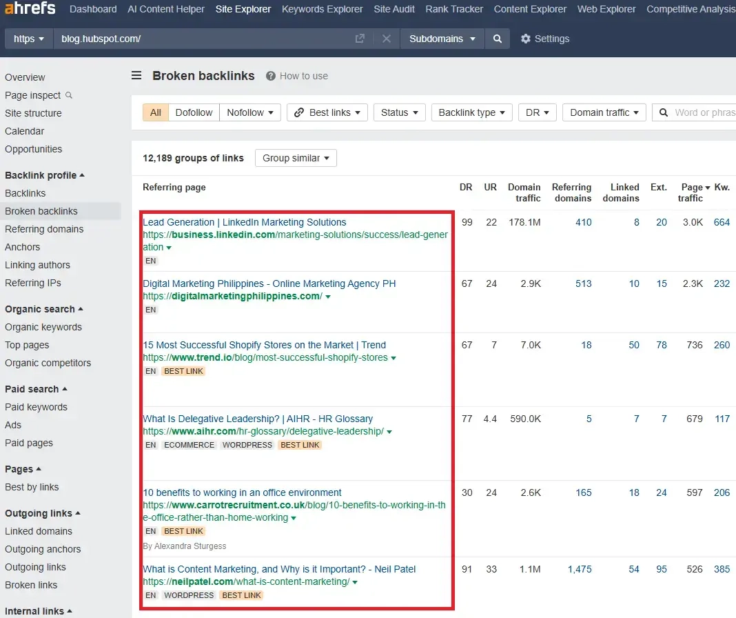 Ahref's broken backlinks checker