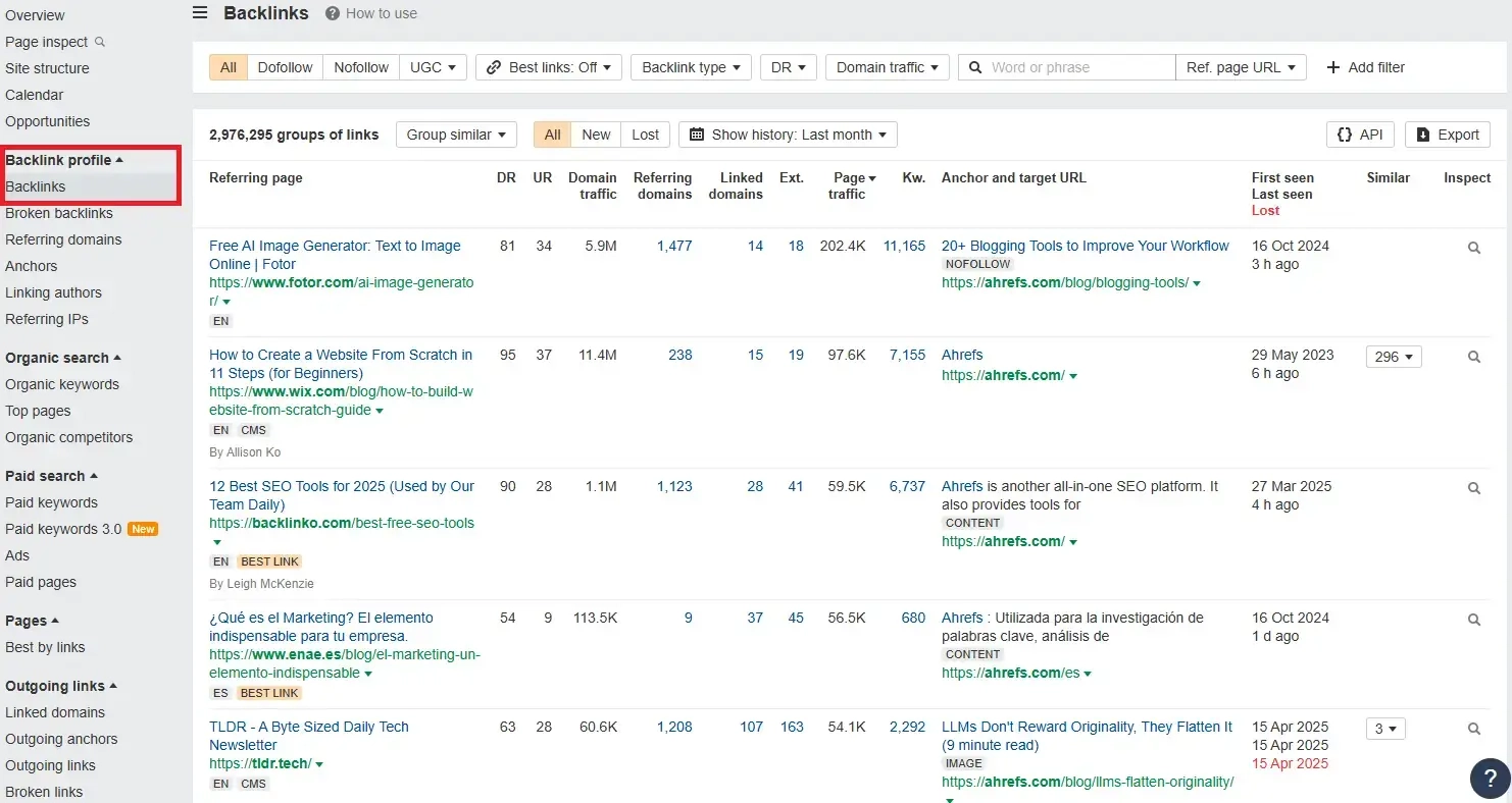 Ahref's backlink dashboard