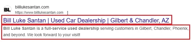 good example of a title tag and meta description for a car dealership