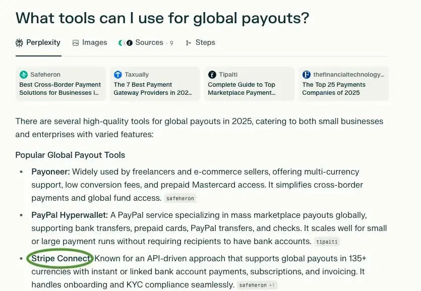 examples of Stripe getting recommended and cited by AI tools