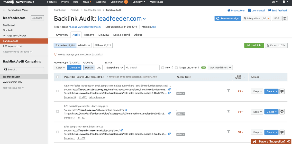 SEMRush backlink audit